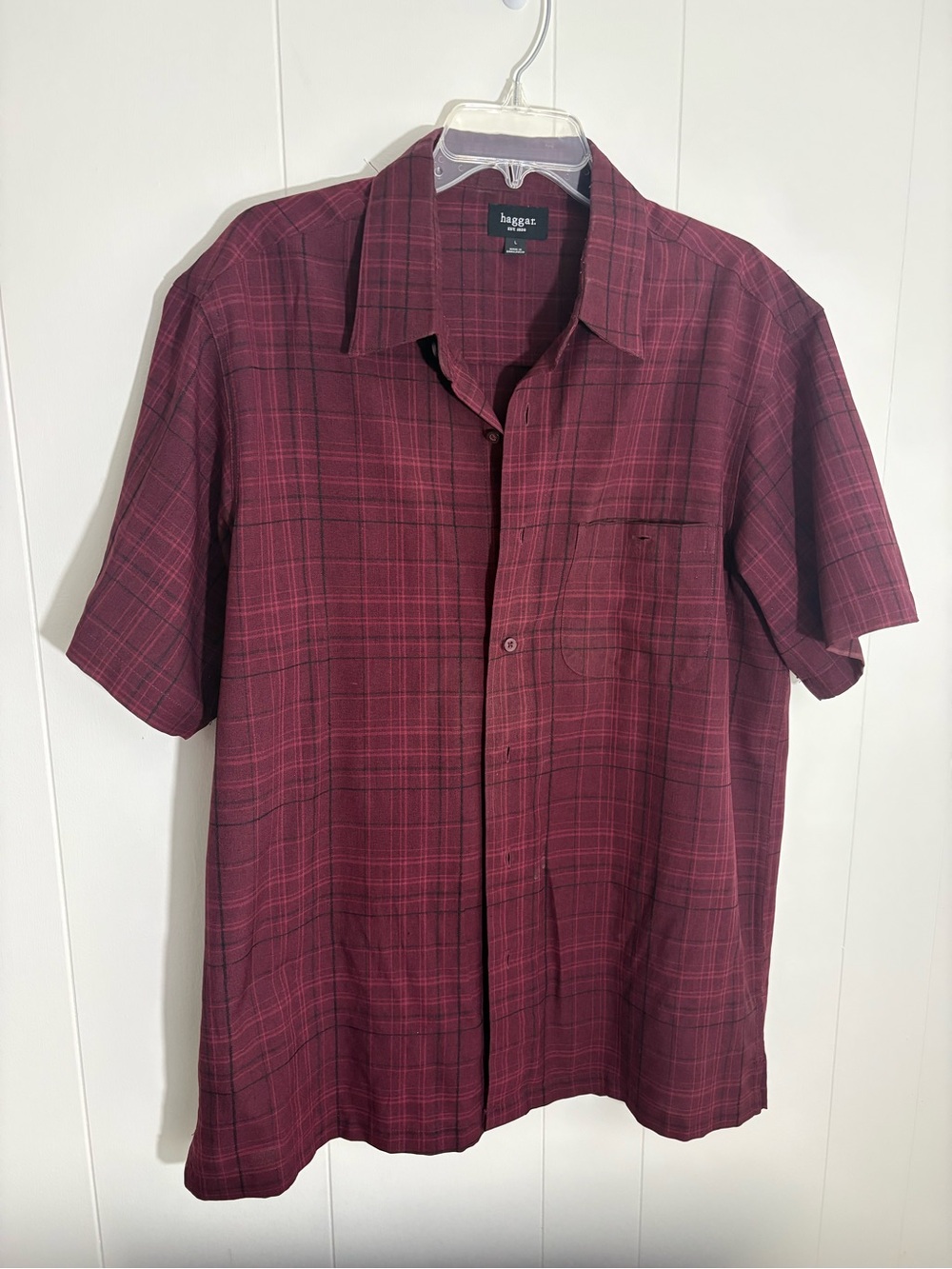Haggar Men's Short Sleeve Plaid Button-Down Shirt - Maroon